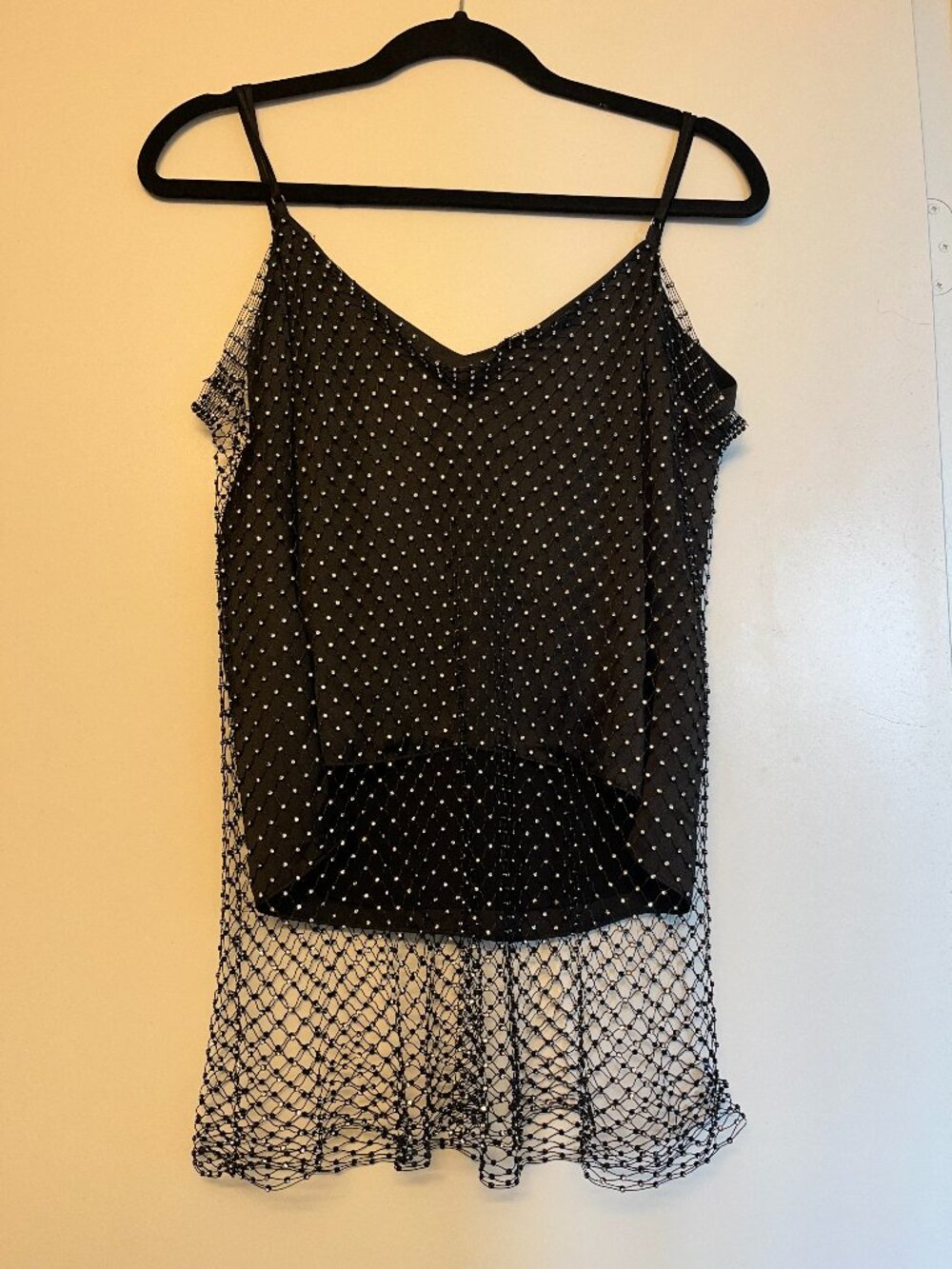 Zara black satin rhinestone net tank top